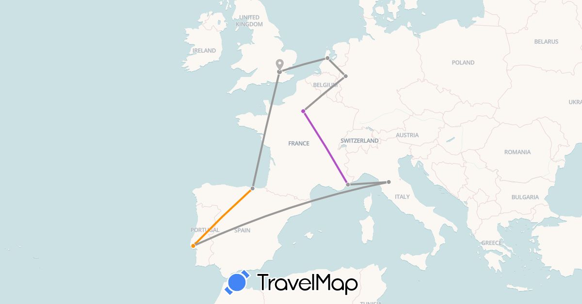 TravelMap itinerary: driving, plane, train, hitchhiking in Germany, France, United Kingdom, Netherlands (Europe)